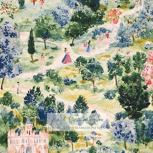 Könnte beinhalten: Aquarellillustration einer Gartenszene mit Figuren in Kleidern, die auf Pfaden gehen. Die Szene zeigt Bäume, Blumen und ein Gebäude. Der Text "patternizm" und "NON EXCLUSIVE SEAMLESS PATTERN" sind sichtbar.