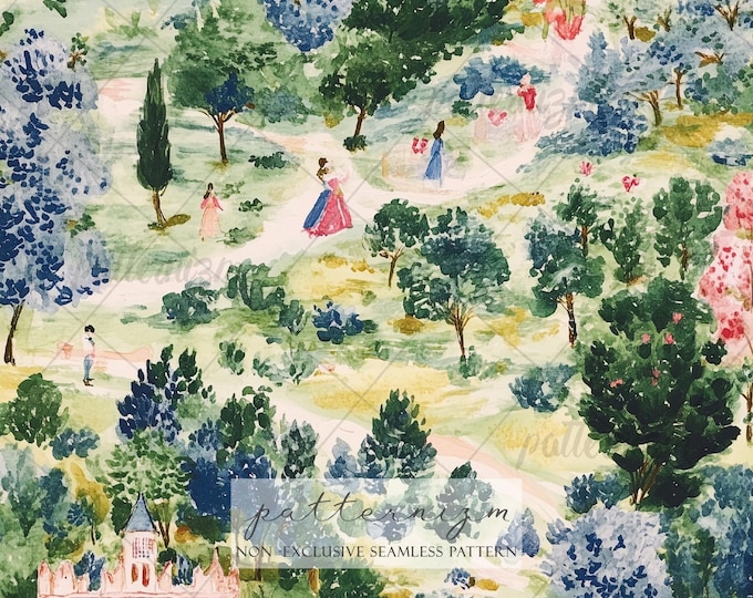 Seamless Victorian Garden Pattern Digital Download – People in Park with Pavilion, Whimsical Landscape Fabric for Nursery & Crafts