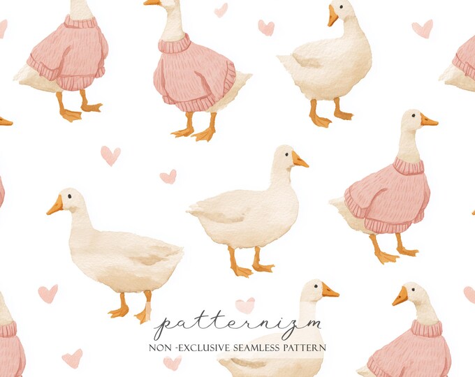 Cute Goose Seamless Pattern Digital Download – Watercolor Ducks in Pink Sweaters, Cozy Valentine Love Repeat, Nursery Fabric & Crafts