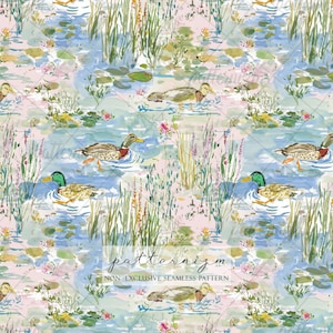 Stockente Muster - Aquarell Frühling Rapportpapier, See, Jagd, Lilien, Sumpfgebiet, Wildtiere, digitaler Download