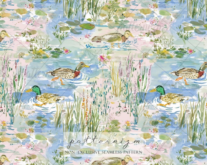 Mallard Duck Seamless Pattern – Watercolor Spring Repeat Paper, Lake, Hunting, Lilies, Wetland, Wildlife, Digital Download