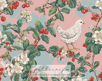 Spring Chick Pattern Seamless – Baby Yellow Chick with Apple Blossoms and Berries, Pastel Farm Style Digital Paper for Crafts