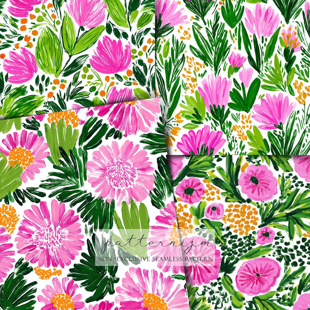 Bright Pink Floral Seamless Pattern Set – 12 Watercolor Brush Flowers ...