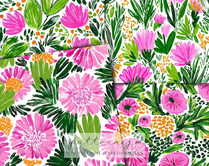 Bright Pink Floral Seamless Pattern Set – 12 Watercolor Brush Flowers, Spring Garden Bundle Repeat Design for Fabric & Crafts