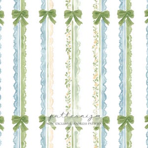 Può includere: Motivo senza cuciture ad acquerello con strisce verticali verdi, blu e beige. Il design presenta fiocchi verdi, accenti floreali e bordi smerlati. Il testo "patternizm" e "NON-EXCLUSIVE SEAMLESS PATTERN" sono visibili.