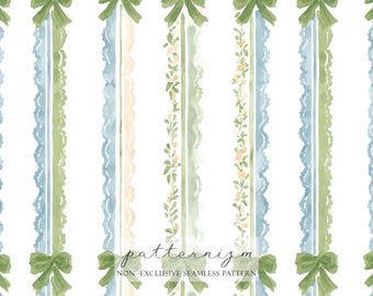 Coquette Green Bow Seamless Pattern – Watercolor Lace Stripe Digital Download, Pastel Ribbon Design, Elegant Nursery Fabric & Wallpaper