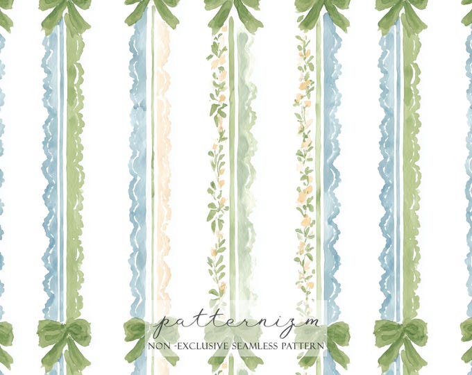 Coquette Green Bow Seamless Pattern – Watercolor Lace Stripe Digital Download, Pastel Ribbon Design, Elegant Nursery Fabric & Wallpaper