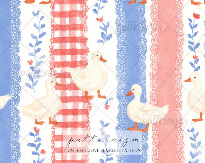 Seamless Patriotic Duck Pattern Digital Download – 4th of July Americana Farm Animal Gingham & Stripe Design, Cottagecore Fabric