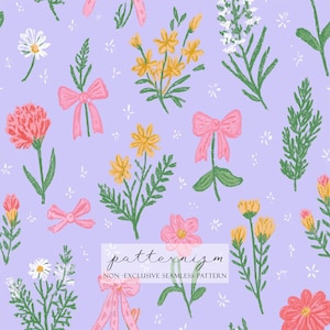 May include: A seamless pattern featuring various flowers, bows, and sprigs in shades of pink, yellow, and green on a lavender background. The design includes daisies, carnations, and other floral elements, with the text "patternizm" at the bottom.
