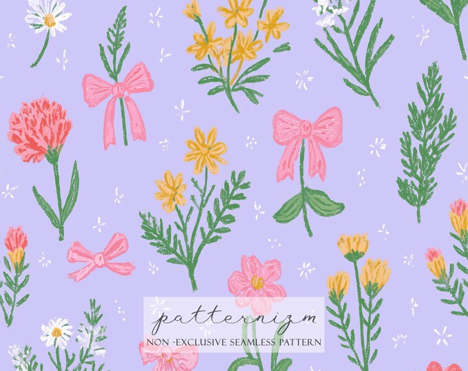 Preppy Pink Bow & Floral Seamless Pattern – Purple Meadow Digital Download, Coquette Aesthetic Garden, Girly Whimsical Fabric Design