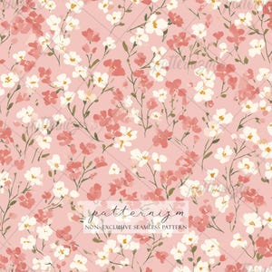 May include: A seamless floral pattern featuring white and coral-colored flowers with green stems on a light pink background. The text "patternizm" and "NON-EXCLUSIVE SEAMLESS PATTERN" are visible.