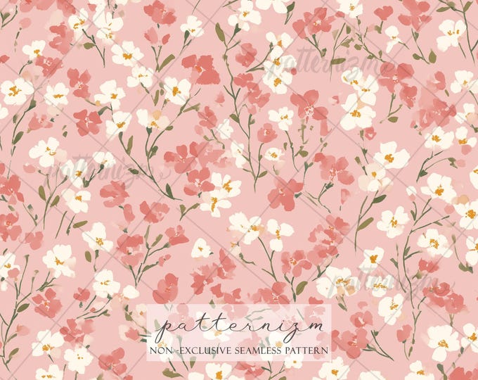 Seamless Pink Wildflower Pattern Digital Download – Painted Floral Sprigs on Blush Background