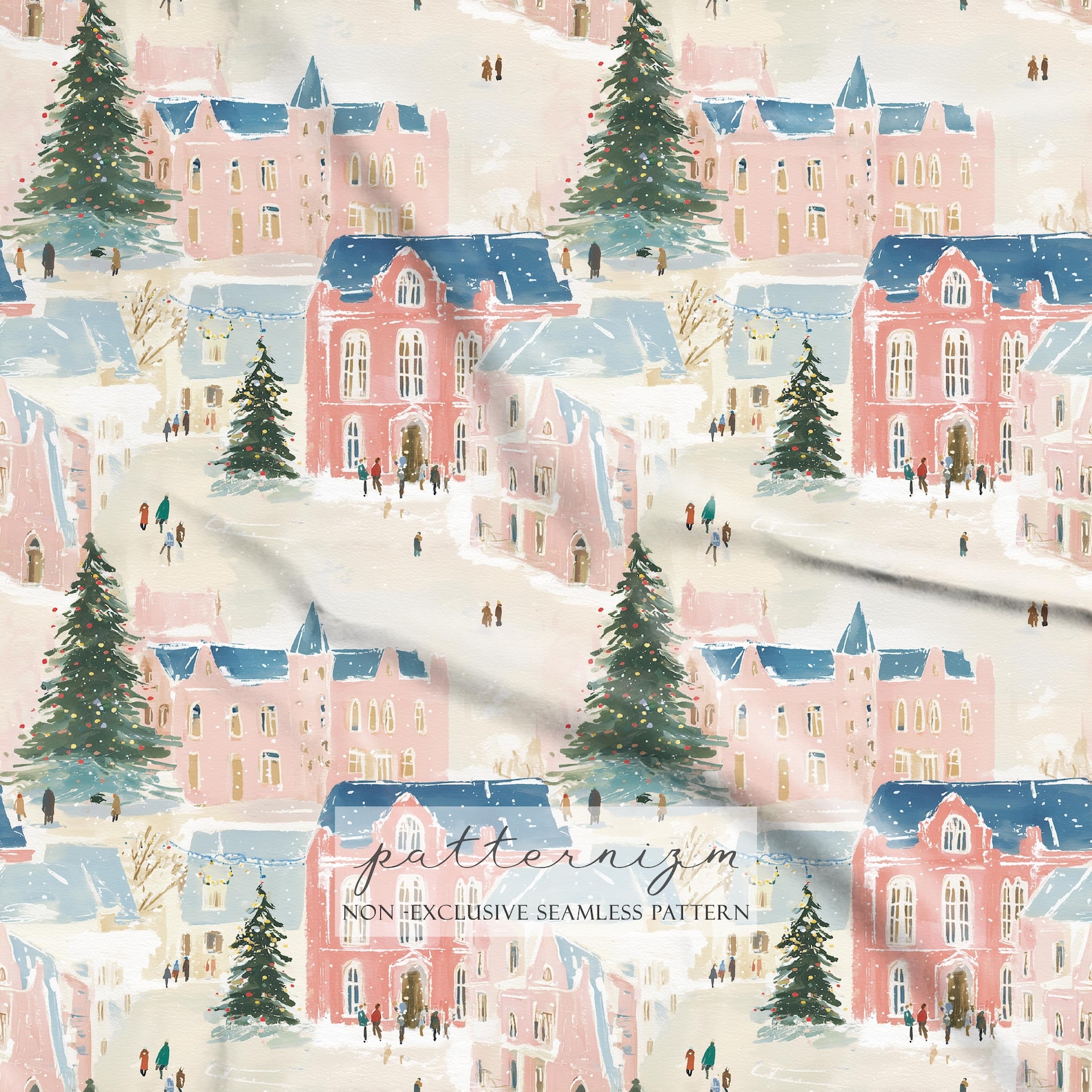 Pink Winter Village Seamless Pattern – Christmas Town, Snowy Trees and ...