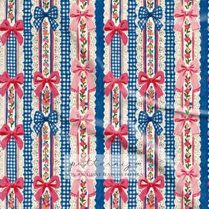 May include: A repeating pattern featuring pink and blue bows, floral accents, and lace-like borders on a blue and white gingham background. The design includes vertical stripes with floral and bow details.