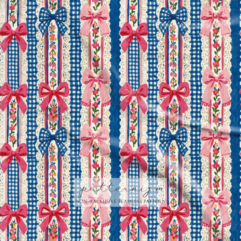 May include: A repeating pattern featuring pink and blue bows, floral accents, and lace-like borders on a blue and white gingham background. The design includes vertical stripes with floral and bow details.