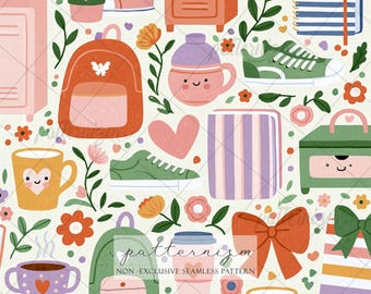 Seamless Back to School Pattern Digital Download – Cute Backpack & Sneaker Design, Whimsical Student Printable, Kids Fabric