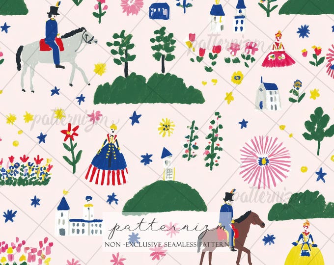 Folk Art Soldiers & Castles Seamless Pattern – Traditional European Storybook Design, Whimsical Figures Printable, Pink Kids Fabric, Crafts
