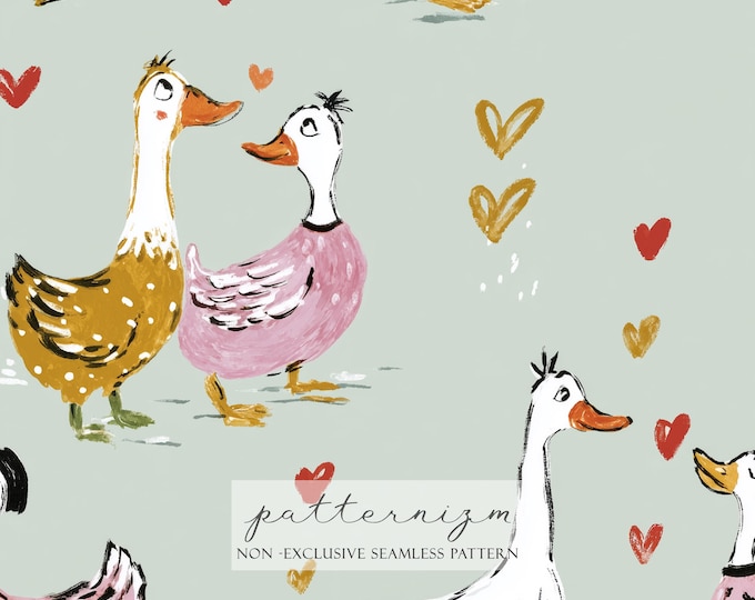 Romantic Goose Seamless Pattern – Watercolor Ducks with Hearts in Pastel Colors, Cute Animal Digital Paper for Nursery & Crafts