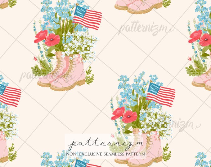 4th of July Floral Boots Seamless Pattern Digital Download – Patriotic Garden Design, USA Flag Print, Romantic Americana Fabric