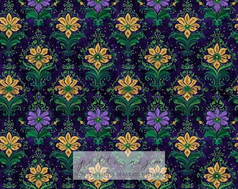 Floral Mardi Gras Seamless Pattern - Purple Yellow Green - Background - Scrapbook - Journal - Digital Paper Download - Trending Now