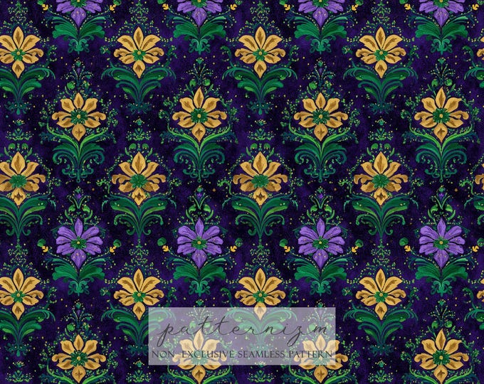 Floral Mardi Gras Seamless Pattern - Purple Yellow Green - Background - Scrapbook - Journal - Digital Paper Download - Trending Now
