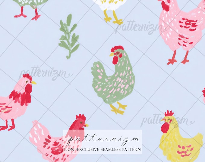 Pastel Chicken Farm Seamless Pattern – Cute Hen & Botanical Repeat