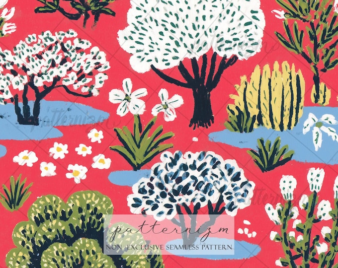 Seamless Impressionist Garden Pattern Digital Download – White Blossom Trees on Red, Whimsical Spring Landscape Fabric Print