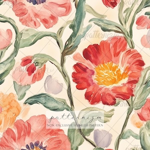 Seamless Poppy Floral Pattern Digital Download – Vintage Botanical Design, Summer Flower Printable, Cottage Fabric