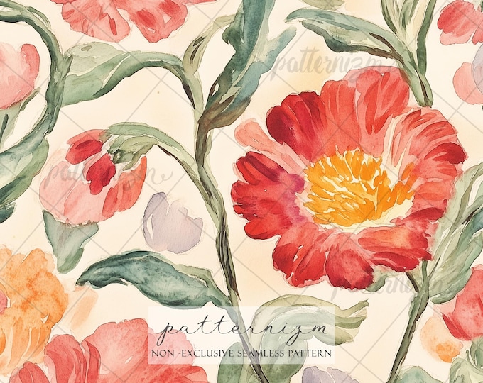 Seamless Poppy Floral Pattern Digital Download – Vintage Botanical Design, Summer Flower Printable, Cottage Fabric