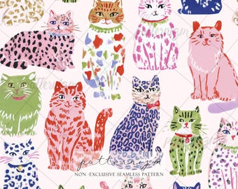 Seamless Colorful Cats Pattern Digital Download – Cute Whimsical Cat Print, Pet Lover Fabric, Playful Animal Design for Kids