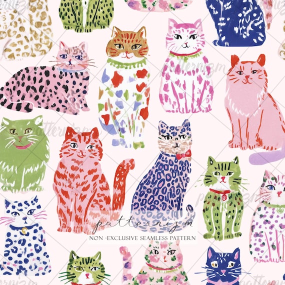 Seamless Colorful Cats Pattern Digital Download – Cute Whimsical Cat Print, Pet Lover Fabric, Playful Animal Design for Kids
