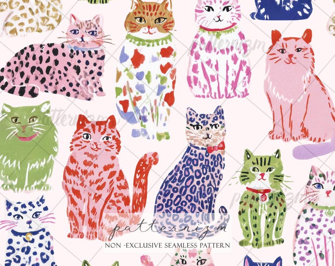 Seamless Colorful Cats Pattern Digital Download – Cute Whimsical Cat Print, Pet Lover Fabric, Playful Animal Design for Kids