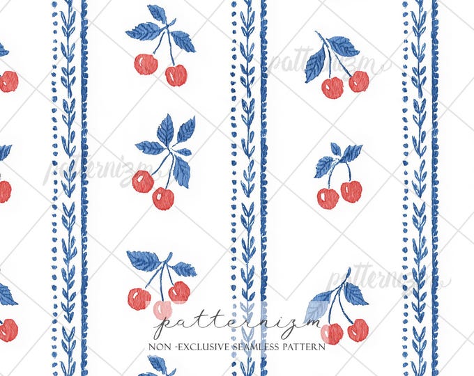 Seamless 4th of July Cherry Pattern Digital Download – Patriotic Red Blue Fruit Design, Americana Fabric
