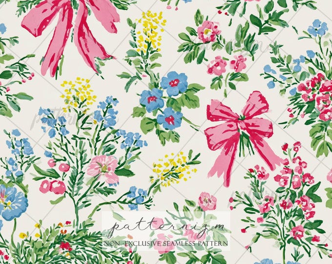 Seamless Pink Christmas Floral Pattern Digital Download – Cute Holiday Wreath & Bow Design, Vintage Festive Flowers, Cottagecore Fabric
