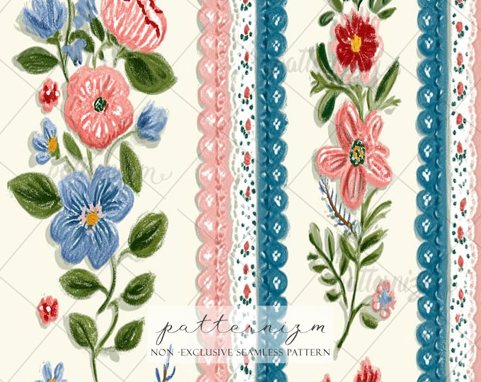 Vintage Floral Border Pattern, Decorative Stripe Seamless Design, Classic Garden Fabric, Elegant Botanical Print