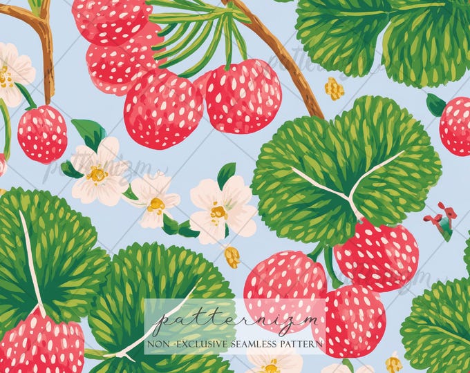 Whimsical Strawberry Fields Seamless Pattern – Large Leaf Botanical Design, Summer Fruit Printable, Blue Cottagecore Fabric for Kids