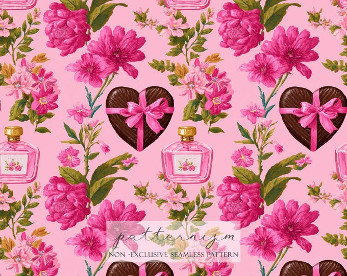 Romantic Floral Seamless Pattern – Pink Roses Perfume Bottle & Heart Chocolate Gift Digital Paper for Valentine Crafts