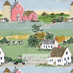 Può includere: Illustrazione ad acquerello di una scena di fattoria con fienili, silos, mucche e trattori. Gli edifici sono rosa e bianchi, su un paesaggio verde e blu. Il testo "patternizm" è visibile. Design a motivo continuo.