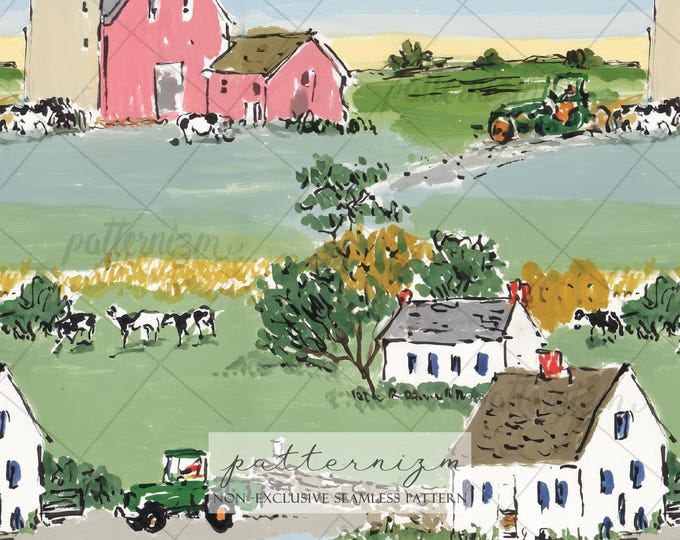 Seamless Farm Landscape Pattern Digital Download – Countryside Barn & Tractor Design, Pastoral Village Print, Rustic Fabric