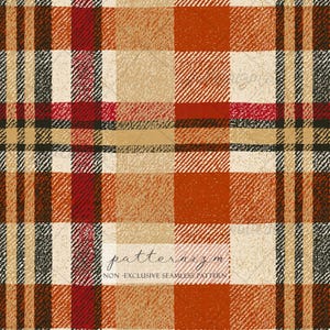 May include: A seamless plaid textile pattern featuring a grid of intersecting lines in shades of burnt orange, deep red, black, and cream. The design includes a distressed, textured effect throughout and the text patternizm NON-EXCLUSIVE SEAMLESS PATTERN.