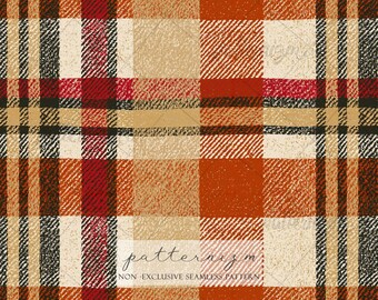 Autumn Plaid Seamless Pattern Digital Download, Vintage Red Brown Tartan Fall Repeat Design