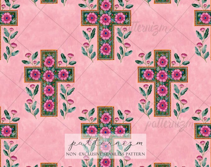 Seamless Floral Cross Pattern Digital Download – Easter Christian Pink Flower Design, Cottagecore Religious Print, Vintage Fabric