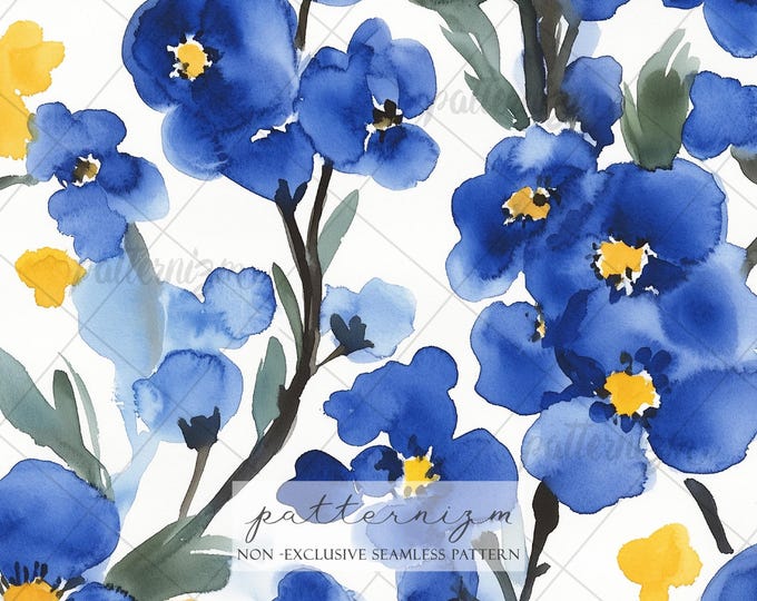 Blue Floral Seamless Pattern, Watercolor Wildflower Design, Botanical Print, Elegant Flower Pattern, Fabric Wallpaper