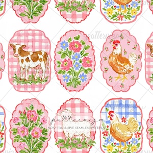 Könnte beinhalten: Ein nahtloses Muster mit sich wiederholenden ovalen Rahmen mit gewellten Rändern. Die Rahmen enthalten Aquarellillustrationen von Kühen, Schafen, Hühnern und Blumensträußen vor rosa oder blau karierten Hintergründen auf weißem Grund.