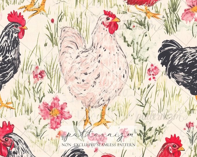 Seamless Farm Chicken Pattern Digital Download – Rustic Rooster and Hen Illustration, Country Farm Fabric Print