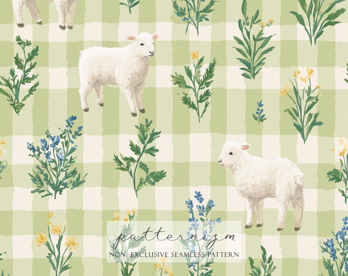 Watercolor Lamb Pattern Digital Paper – Cute White Sheep on Green Gingham, Farm Animal Seamless Design Nursery Fabric Easter, Sage Green