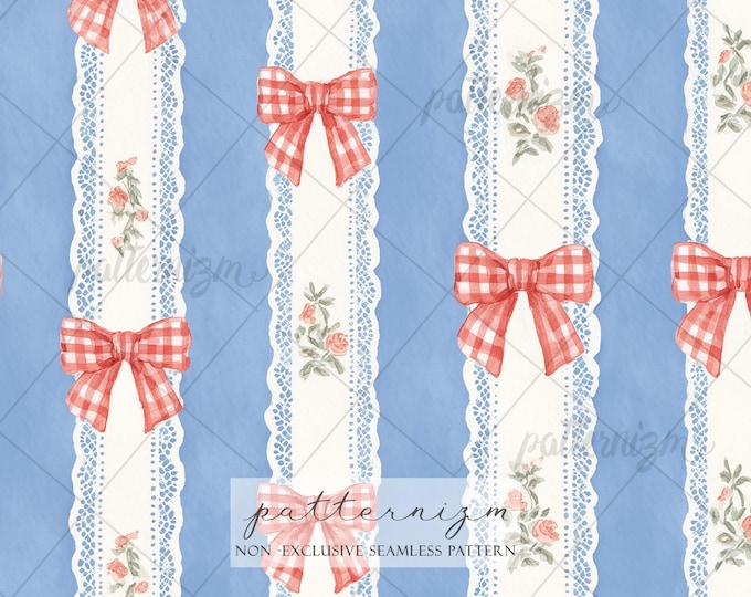 4th of July Coquette Seamless Pattern – Red Gingham Bow Lace Stripe, Patriotic Floral Vintage Fabric Design