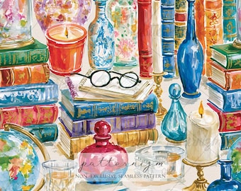 Seamless Vintage Library Pattern Digital Download – Antique Book & Perfume Bottle Design, Scholar Study Print, Whimsical Fabric for Kids