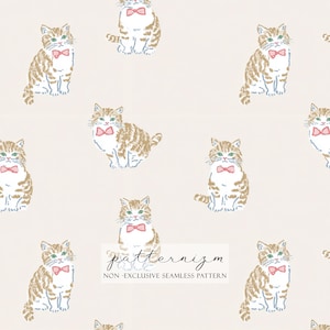 May include: A seamless pattern featuring cartoon cats with brown and white striped fur, wearing pink bow ties, set against a cream background. The text "patternizm" and "NON - EXCLUSIVE SEAMLESS PATTERN" are at the bottom.