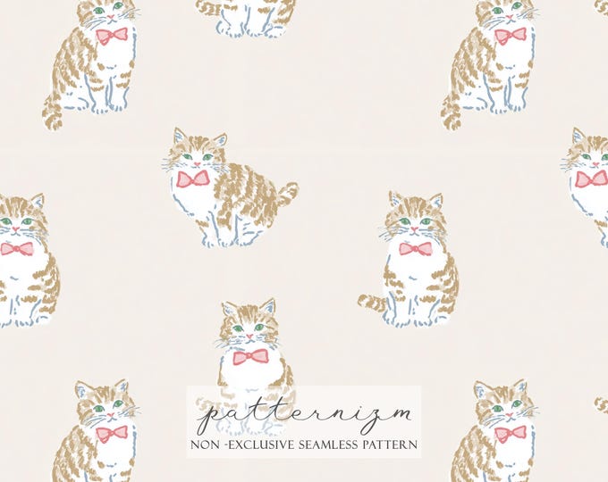 Cute Cat Seamless Pattern – Drawn Kitty with Bow Tie, Soft Pastel Background Digital Paper for Crafts & Fabric
